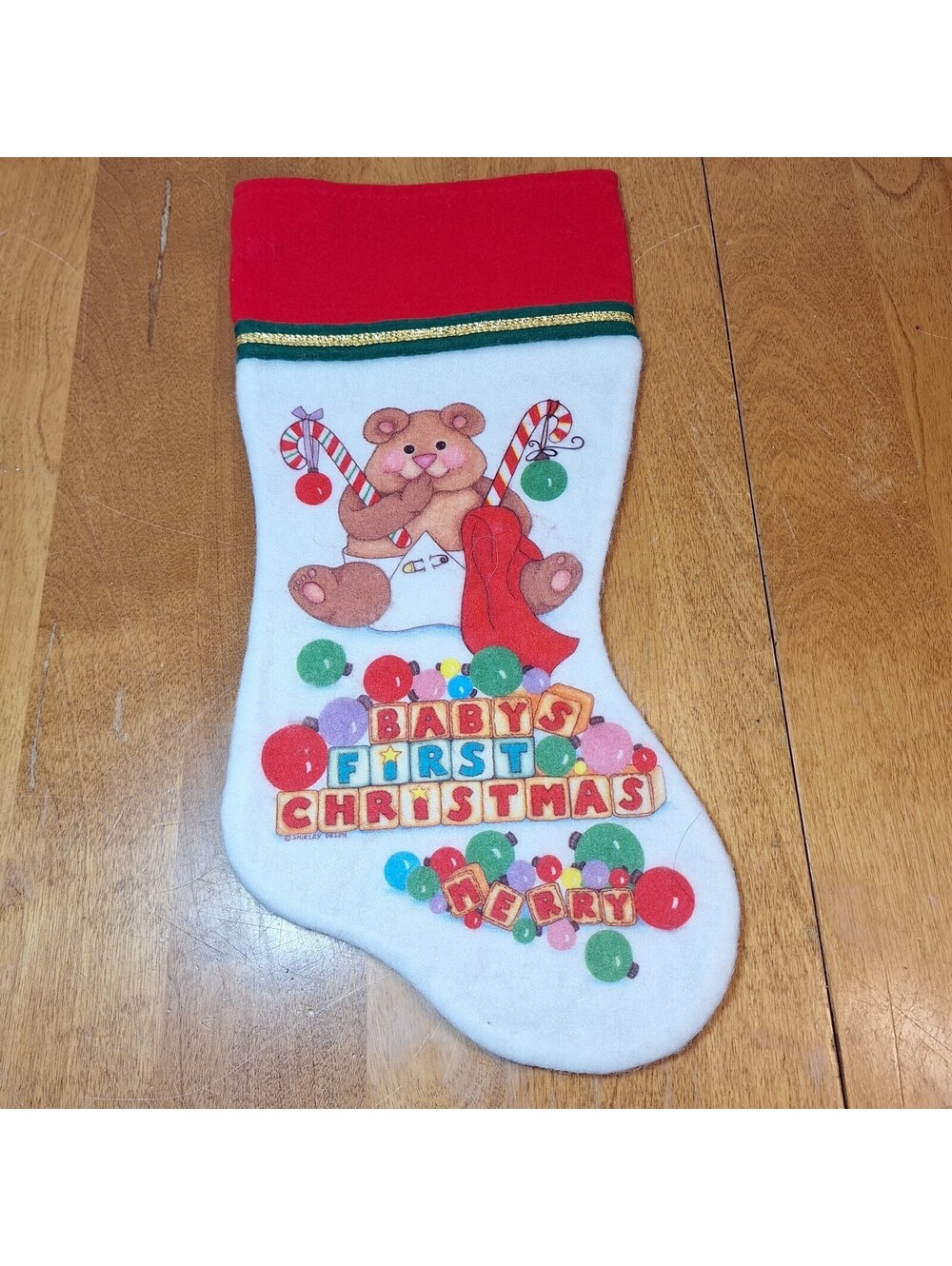 VTG Felt Christmas Stocking "Baby's First Christmas" Bear Candy Canes 16"L